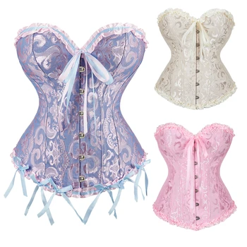 Victorian Corset Top Plus ขนาด Overbust Corsets สําหรับผู้หญิงเซ็กซี่รัดตัว Bustier Lace Up Jacquard Corset Top y2k สีขาวสีชมพู