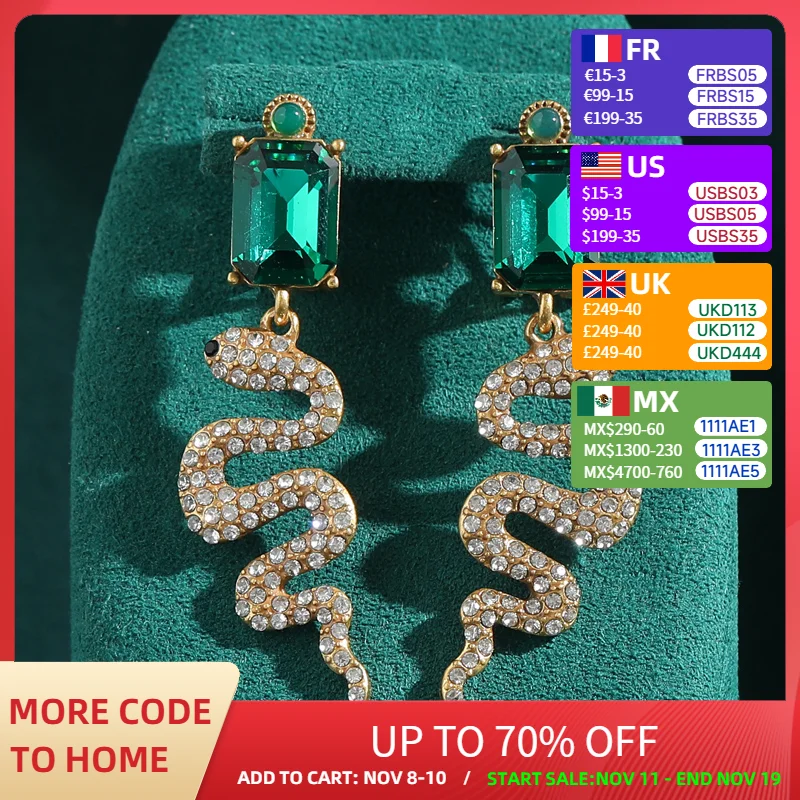 

Vintage Rhinestones Snake Statement Earrings Women'S Accessories Square Emerald Glass Crystal Antique Luxury Quality Jewelry