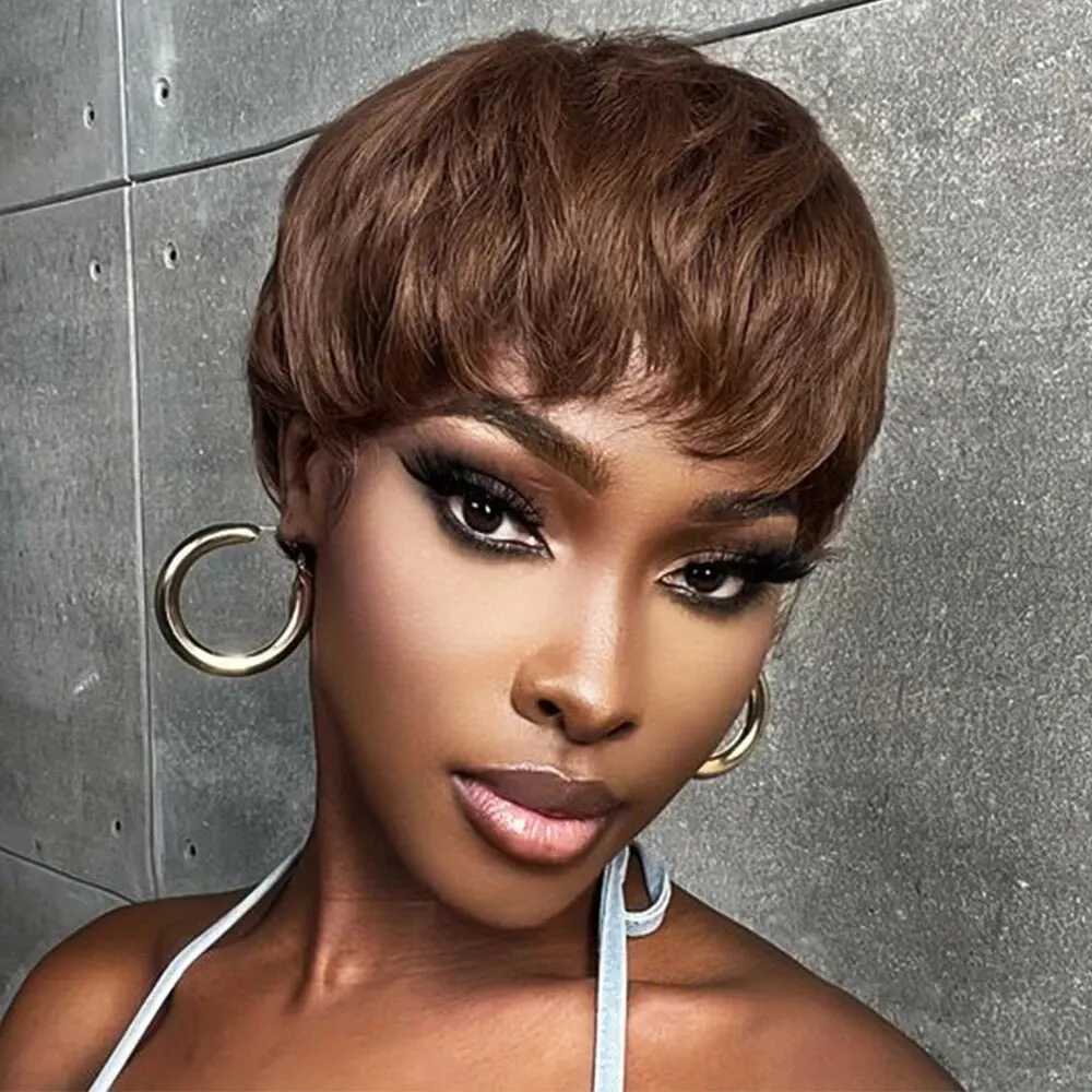 Brown #4 Colored Short Straight Bob Short Pixie Cut Human Hair Wig With Bangs For Women Glueless Brazilian Remy Hair Non Lace