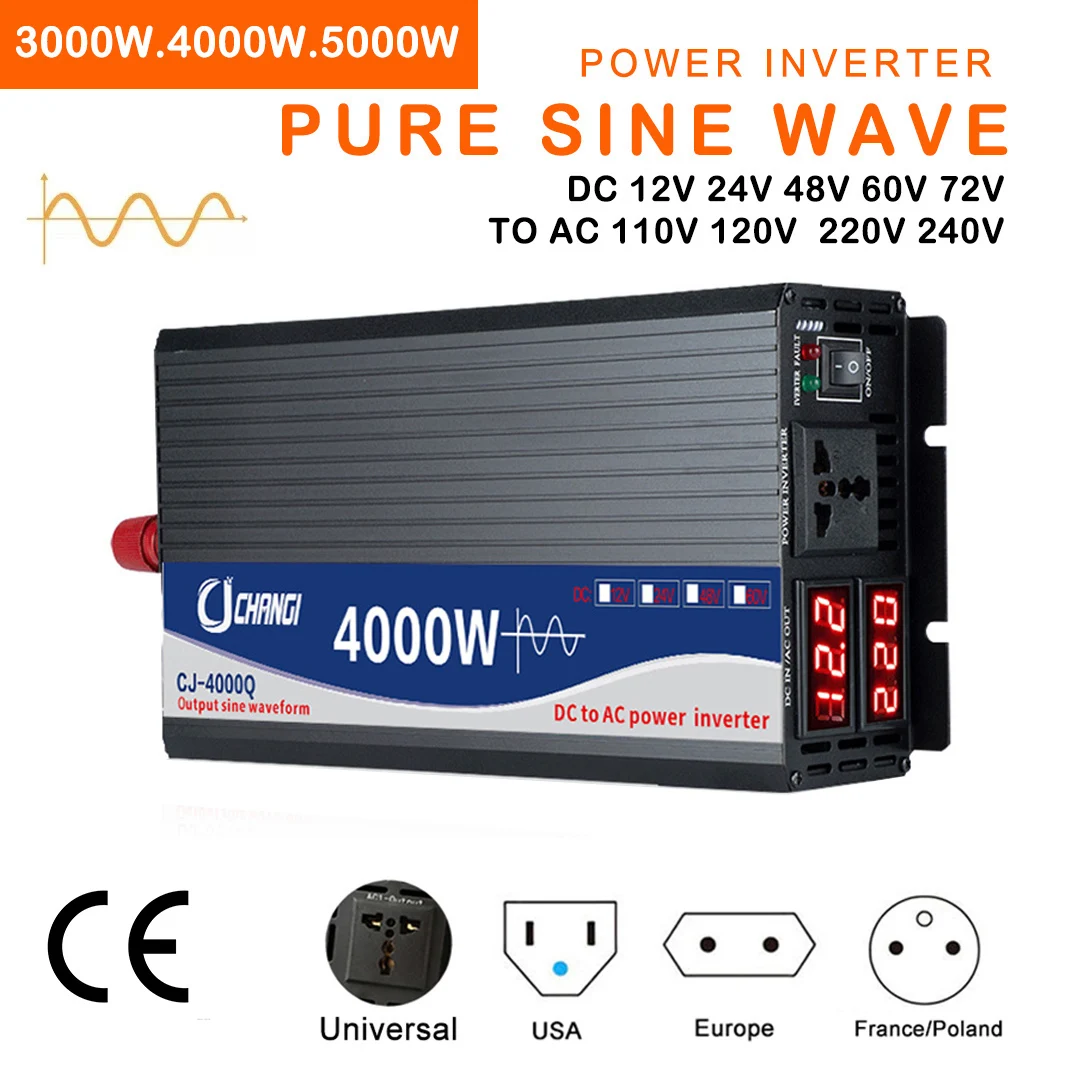 3000W 4000W 5000W Pure Sine Wave Inverter DC 12V 24V 48V 60V 72V to AC 110V 220V Power Solar Car Inverters Voltage Converter