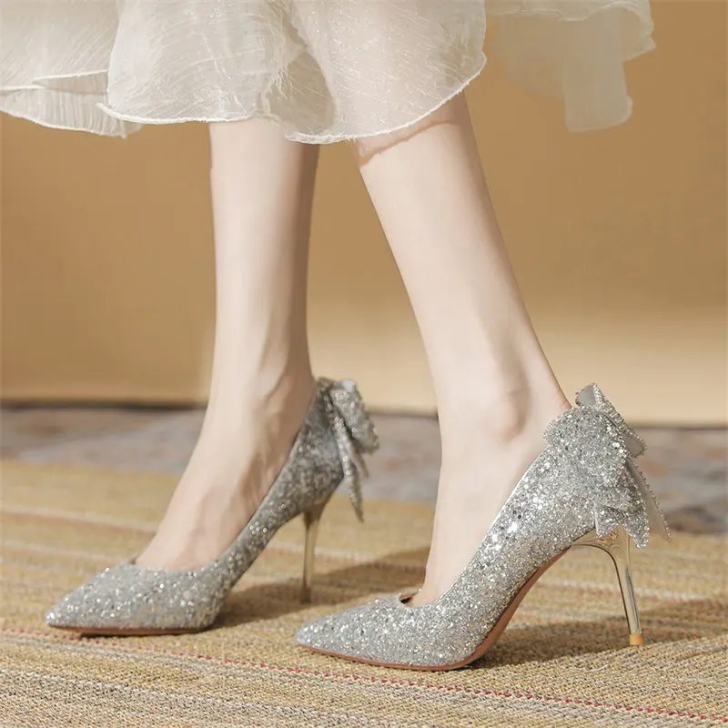 Sweet Bowknot Pumps Women New Silver Bling Sequins Wedding Party Shoes Woman Luxury Bling Upper Dress Heels Party Shoes