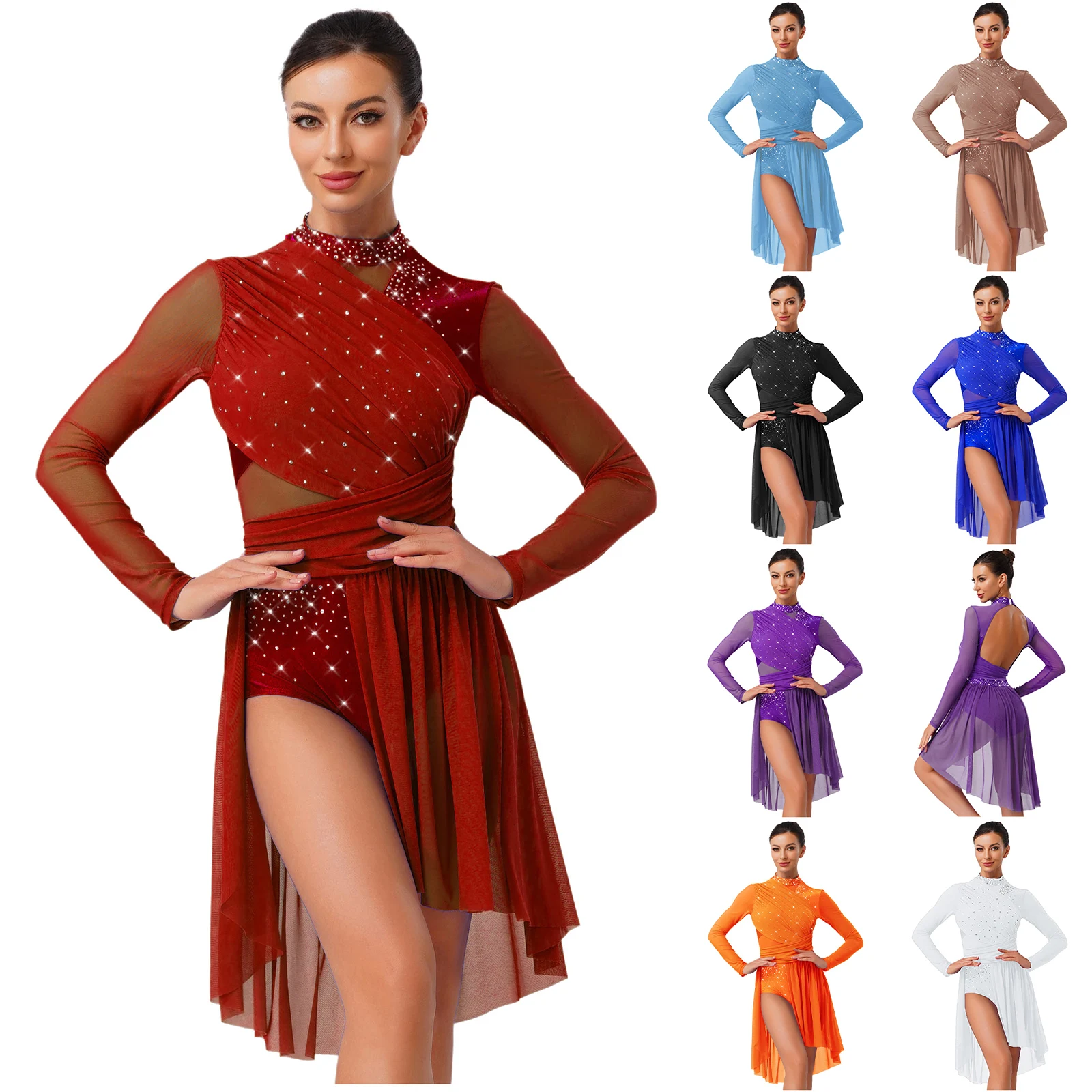 Women Lyrical Dance Dress Rhinestone Long Sleeve Ruche Backless One Piece Leotard Dress Modern Ballet Contemporary Dance Costume