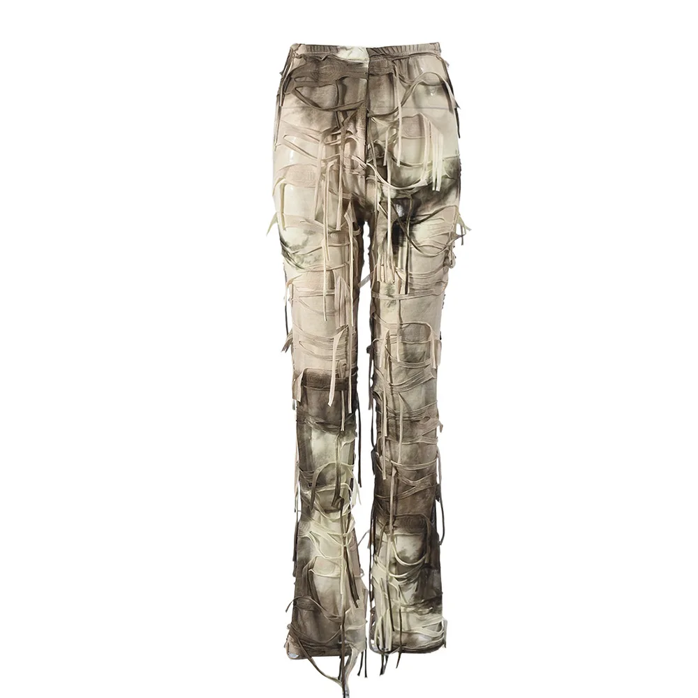 New Spring Autumn Trousers Tie-dye Personalized Trendy Loose Fashion Street Style Pants Mid-waist Tassel Casual Straight Clothes
