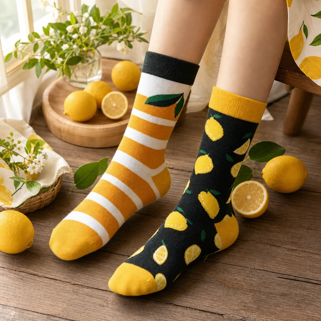 1 pair Summer Lemon Themed Socks for Women - Comfortable Cotton Mid-Calf Socks with Striped & Printed Design