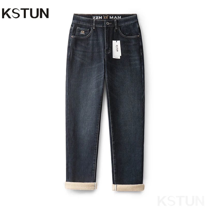 

KSTUN Winter Jeans Men Fleece-Lined Warm Jeans Dark Blue Stretch Thicken Slim Straight Business Casaul Men's Trousers Clothing