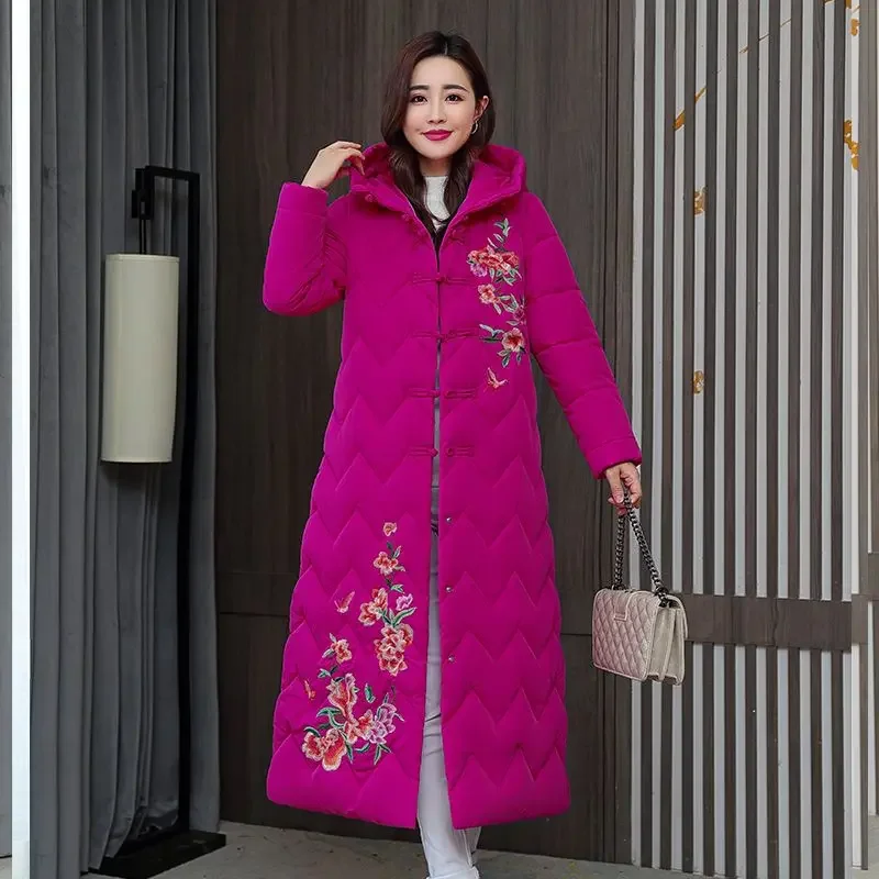 Oversized Embroidery Long Thickened Parka Retro Button Cotton Jacket Women Winter Fashion Snow Wear Coats Women Outwear Clothing