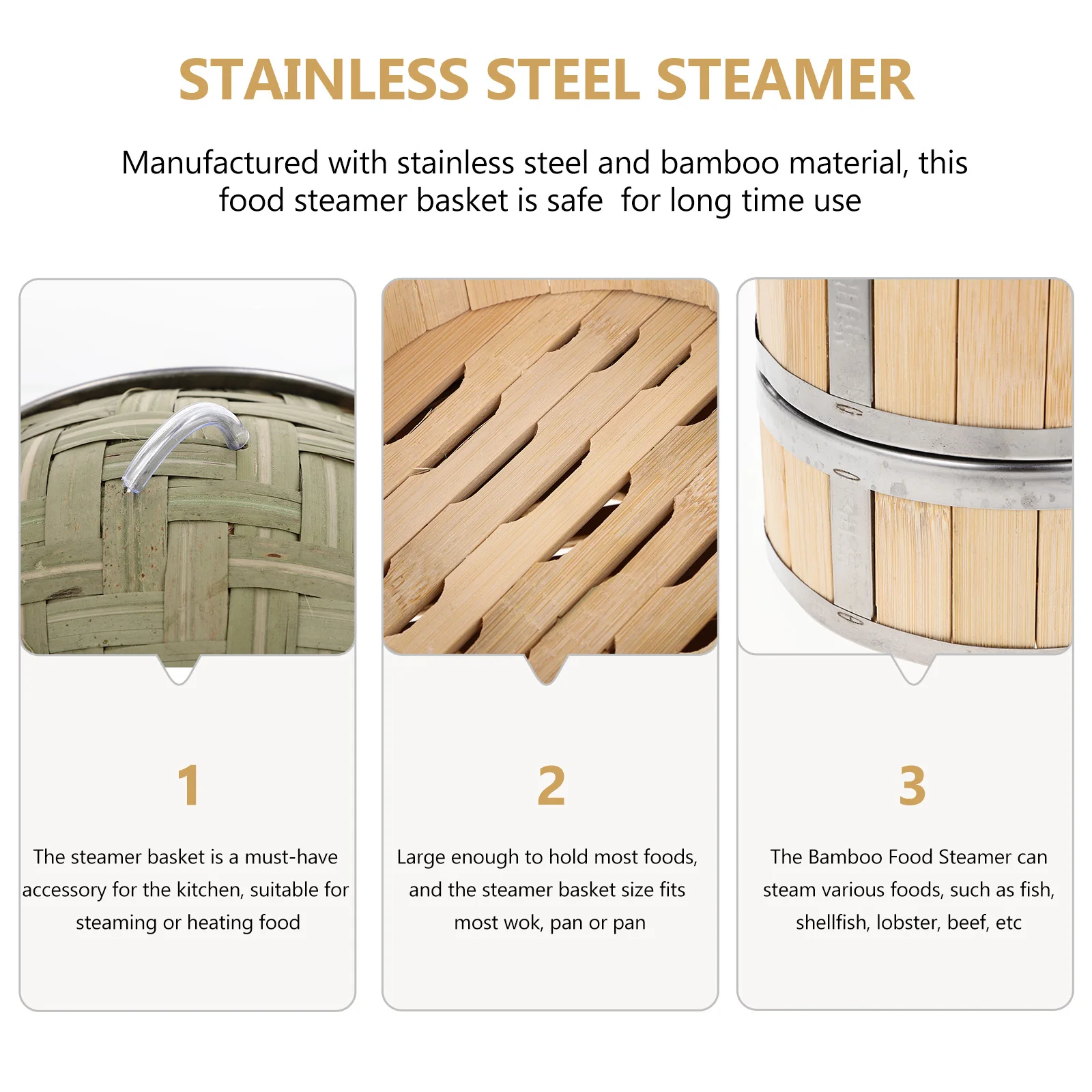 

1Set Stainless Steel Steamer Bamboo Food Steamer Reusable Buns Dumplings Vegetable Cookware Large Capacity for Wok Pot Healthy