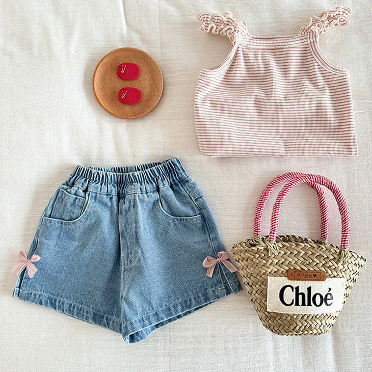 New Summer Children Girls Korean Cute Countryside Denim Bow Shorts Fashion Shorts for Summer Wear 2025 New