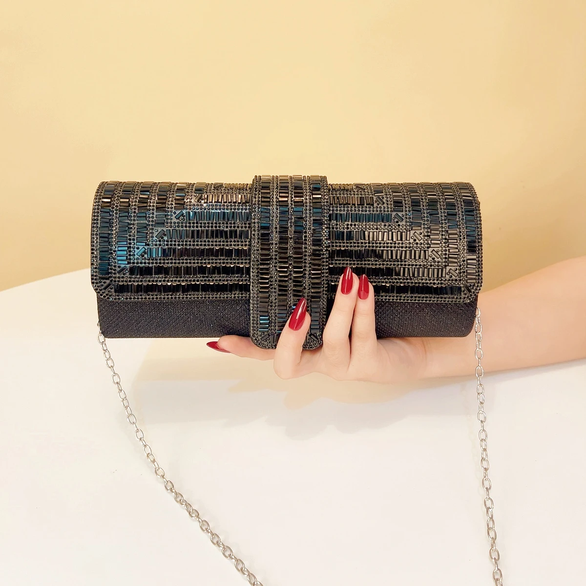 

Green Color Lady Women Evening Bags Acrylic Sequins Handbags Cover Open Female Rhinestones Clutch Bags