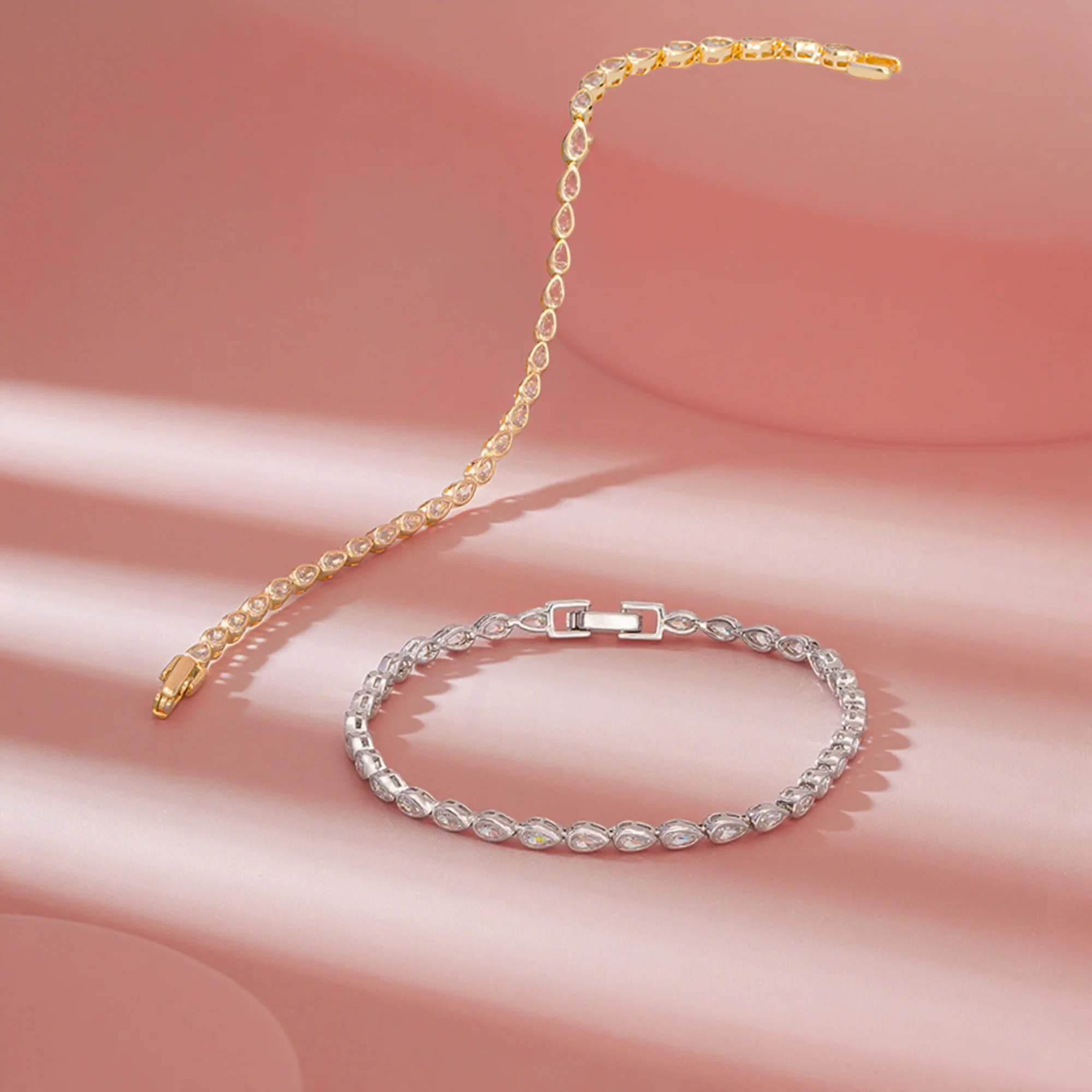 

925 Sterling Silver Tennis Chain Bracelet, Gold Plated Water Drop Design, Sparkling CZ Jewelry, Multiple Sizes Available SB154