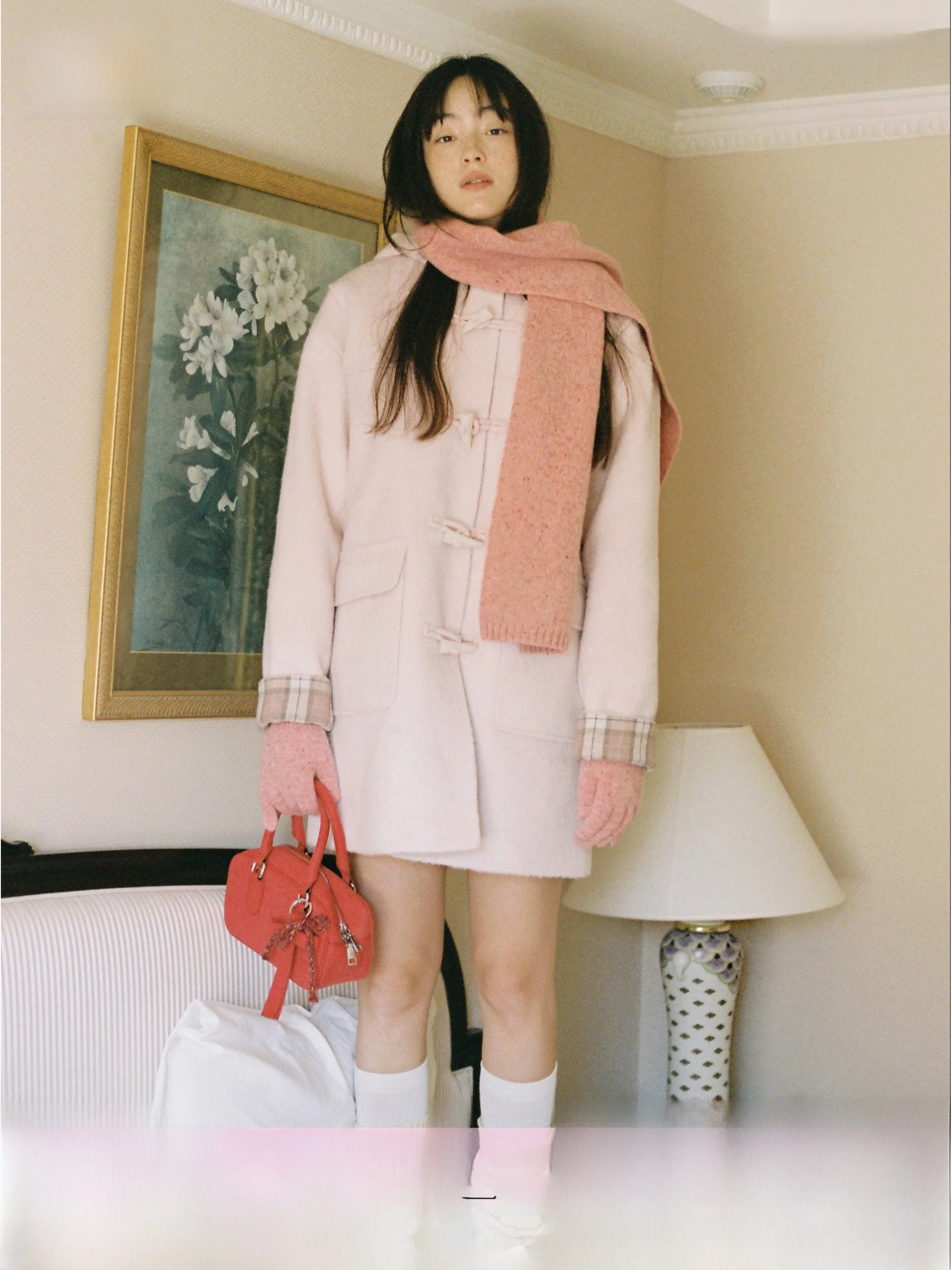 SunsetPark Women's Plaid Splicing Sheepskin Coat Spring Woolen Coat with Horn Buttons Pink Color Long Sleeve Hooded Jacket