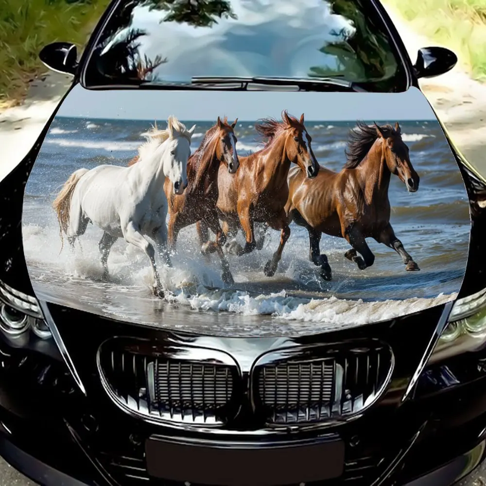 Sea Wave Running Horse Print Car Hood Wrap Color Vinyl Sticker Truck Graphic Bonnet DIY Auto Accessories Decoration Wrap Decal