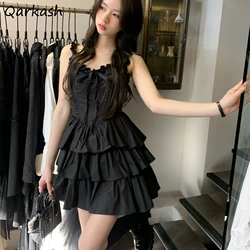 Black French Style Dresses Women Summer Design Spaghetti Strap Ruffles Patchwork Pleated Bandage A-line Mini Hotsweet Party Chic