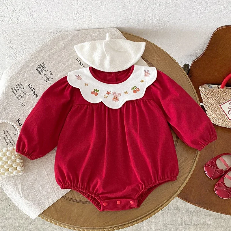 

2025 New Autumn Christmas Style Newborn Baby Girls Bodysuits Long Sleeved Cotton Splicing Jumpsuit 0-24M Baby Girls Clothing