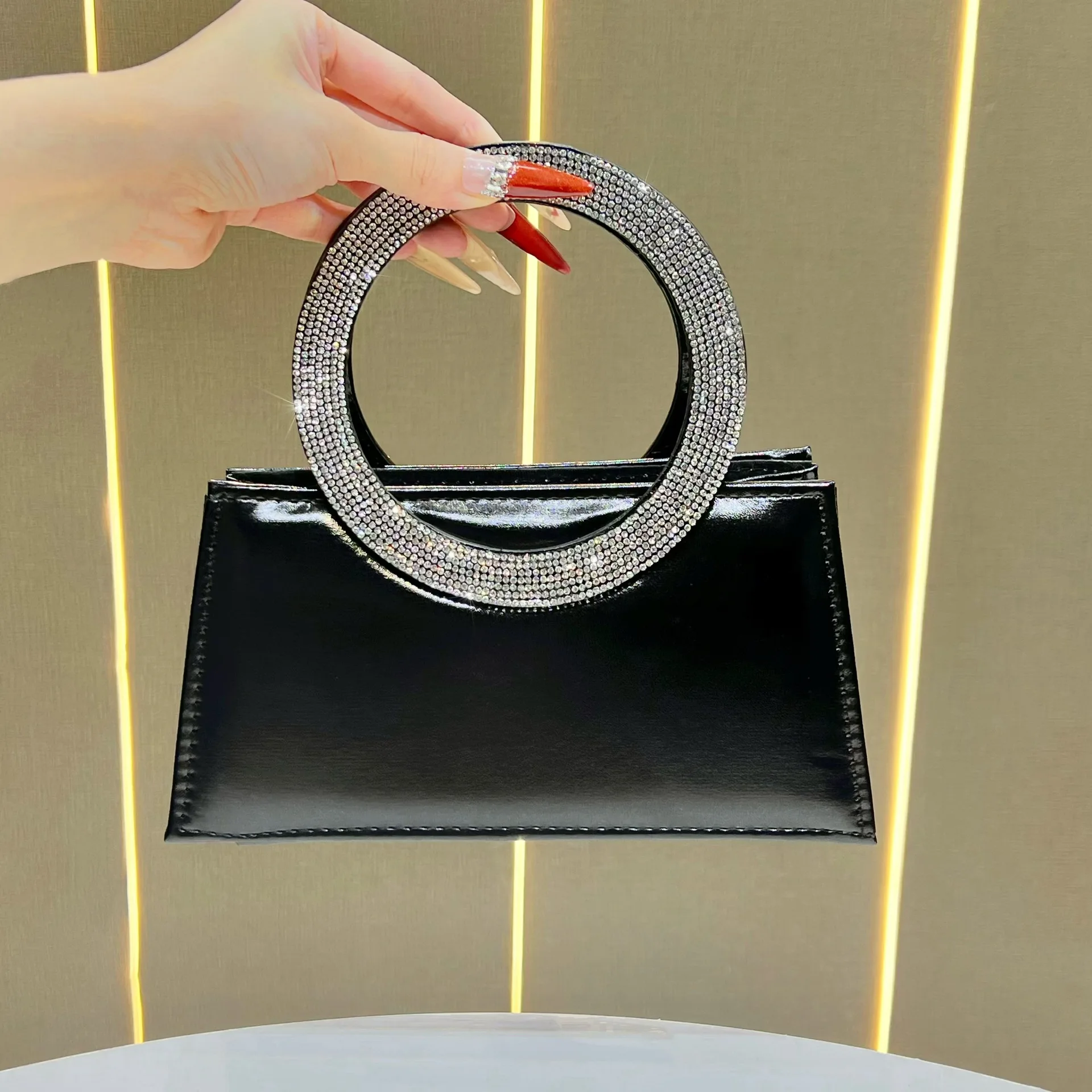 Bling Rhinestone Satin Handbags Women Elegant Boutique Round Crystal Handle Trapezoid Evening Clutch Purses Wedding Party