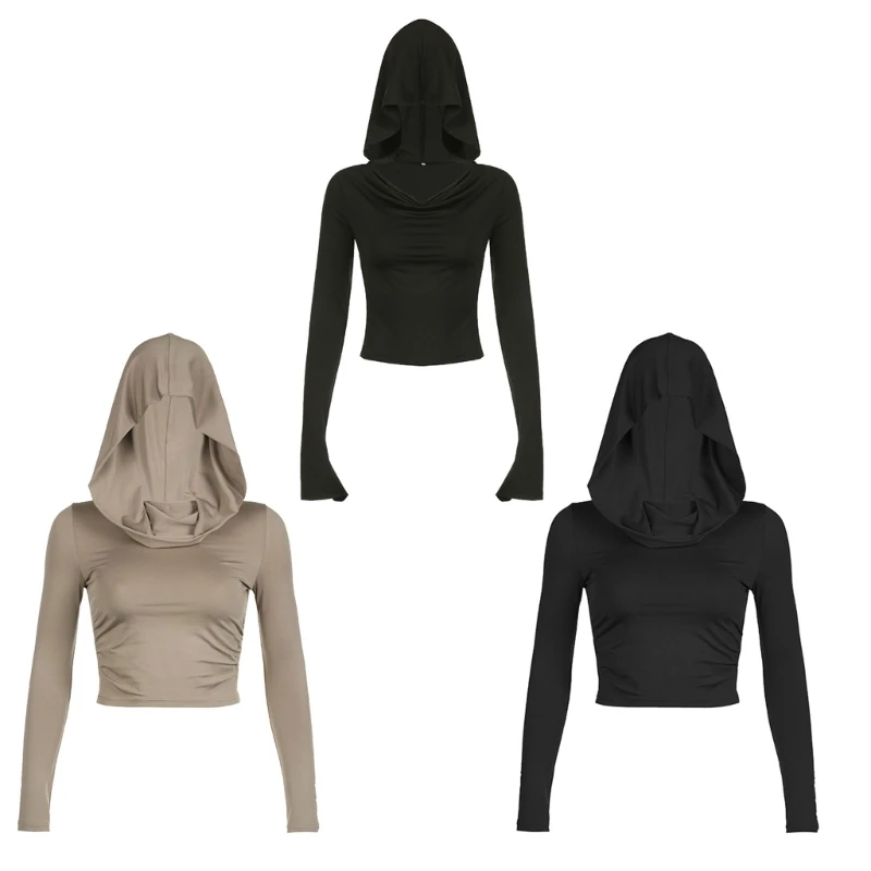 Fashion Vintage Long Sleeve Hooded T-Shirt for Women Bare Shoulder Cowl Neck Ruched Bodycon Pullover Crop Top Streetwear