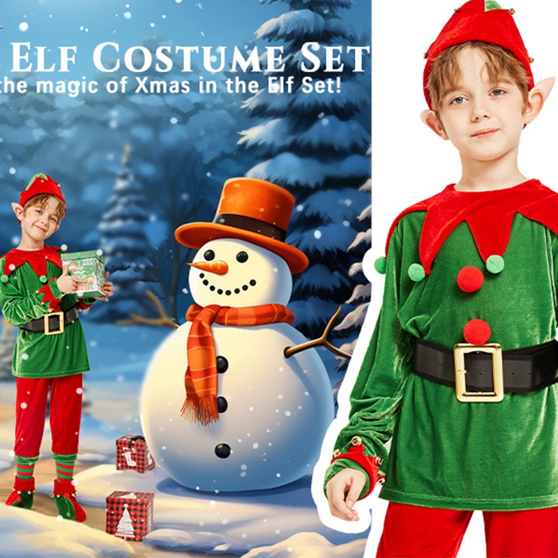 Christmas Elf Costume Children Red Xmas Party Hat Shoe Outfit Green Fancy Suit Boy Role Play Clothes for New Year Carnival Party