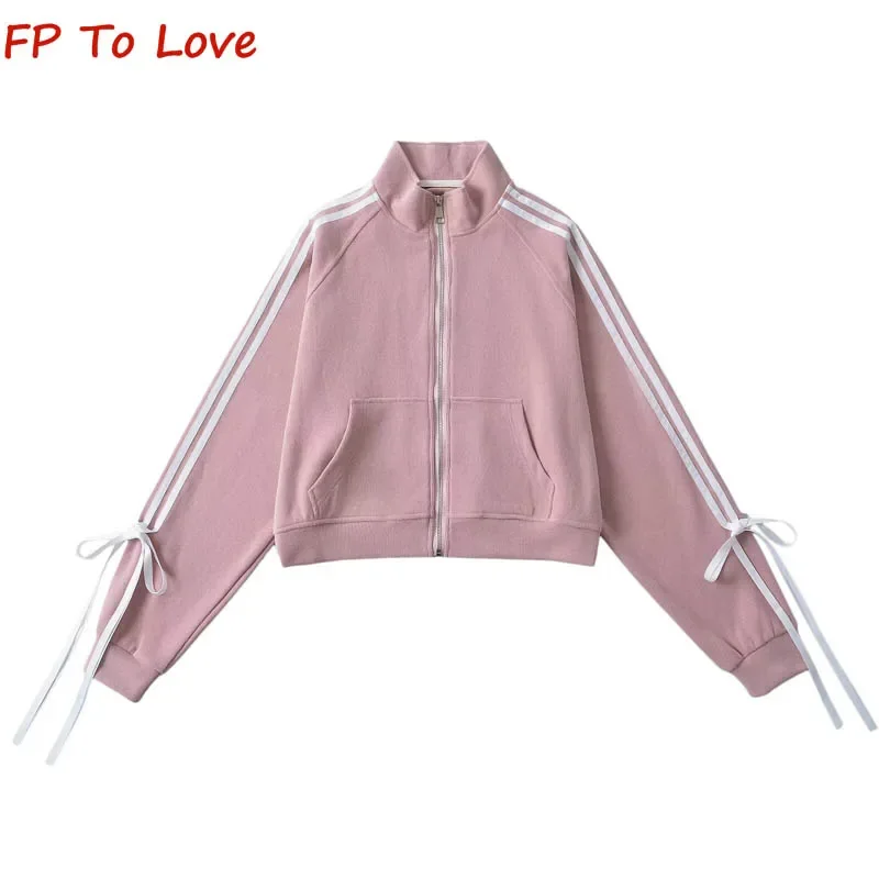 2024 Spring Autumn Sweet Side Pull Stripes Bow Tops Standing Collar Loose Sports Jacket Zip Cardigan