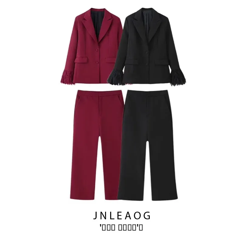 

JNLEAOG Женский приталенный костюм-джат с отделкой из перьев, прямые брюки с высокой талией, осенний комплект из полиэстера высокого качества...