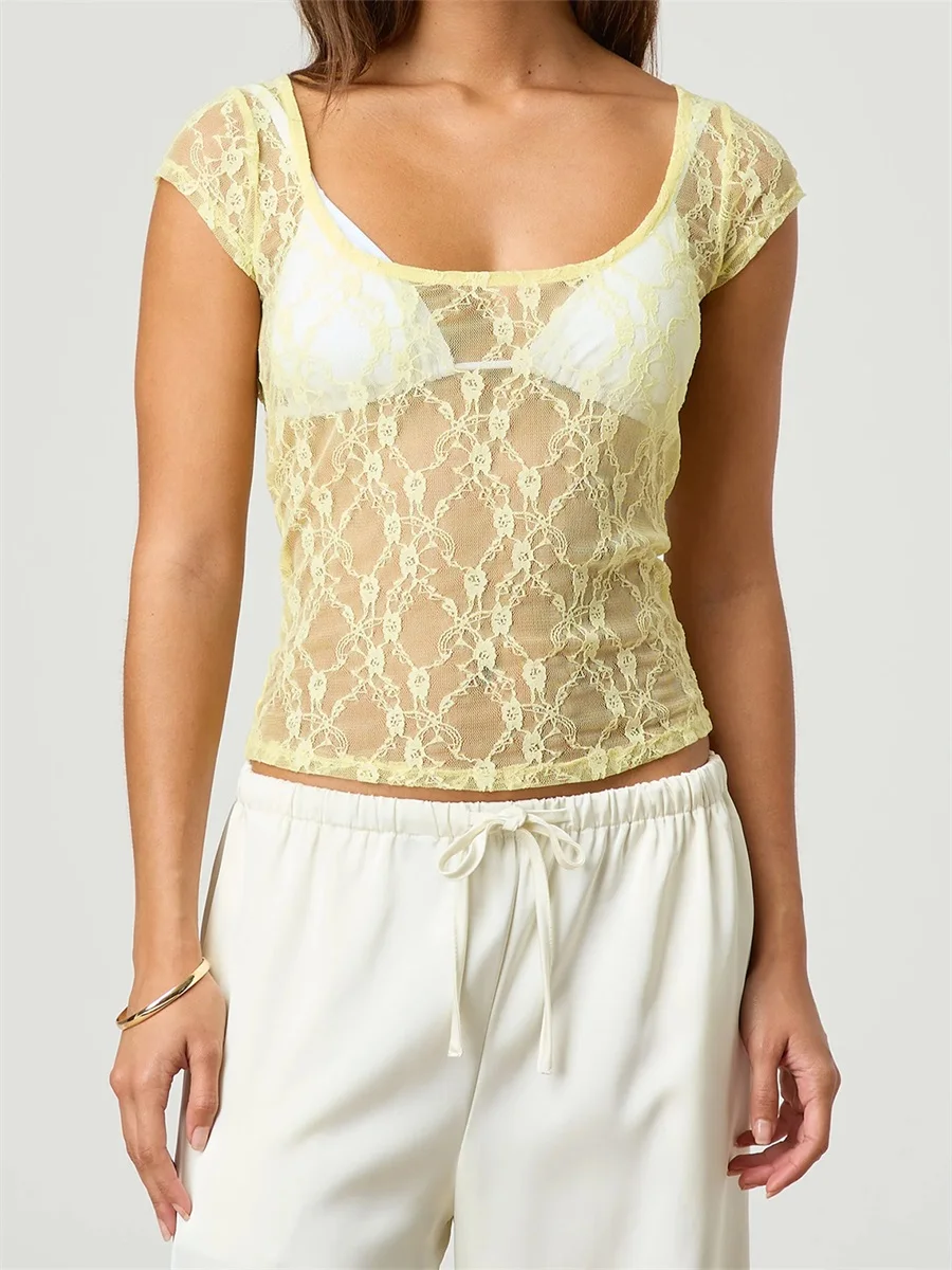 

Женские футболки с короткими рукавами, кружевные прозрачные повседневные рубашки, летние модные облегающие топы, уличная одежда