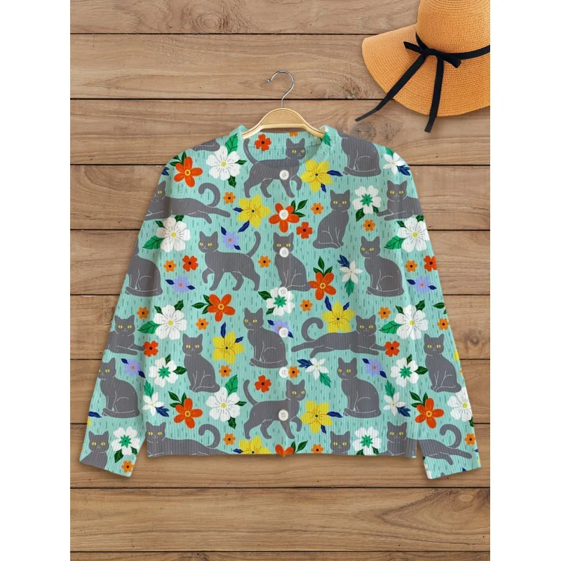 

Floral Gray Cat Digital Print Women's Knit Cardigan Thick & Loose-Fit Crew Neck Long Sleeve Autumn/Winter Casual Style