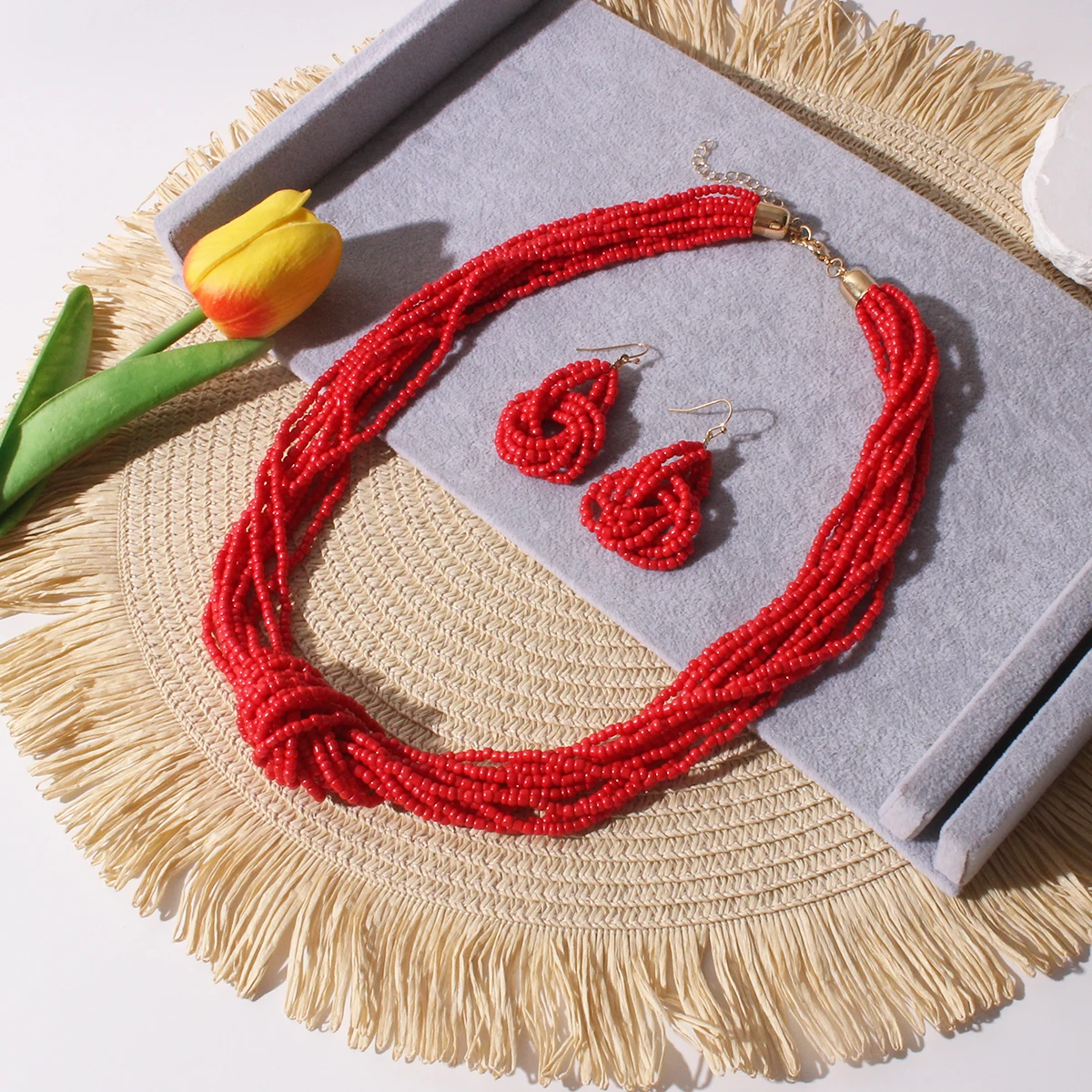 A Fashionable Commuting Multi-Layered Beaded and Knotted Necklace and Earring Set Featuring 1 Necklace and 1 Pair of Earrings