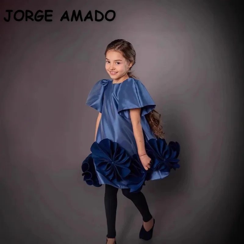 New Summer Kids Girl Party Dress Flutter Sleeves 3D Flower Ruffle Hem Kids Formal for Wedding Birthday Special Occasion A0252