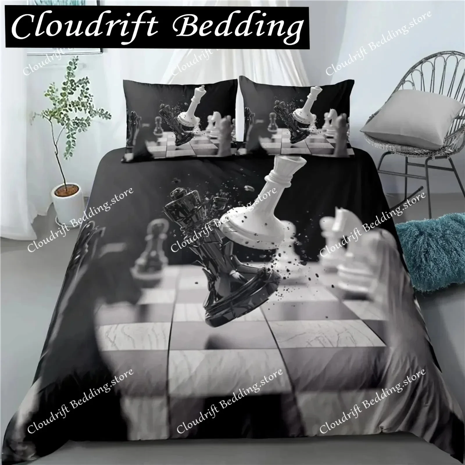 International Chess Duvet Cover Set Black White Lattice Checkerboard Comforter Cover Competition Game For Boys Teens Bedding Set