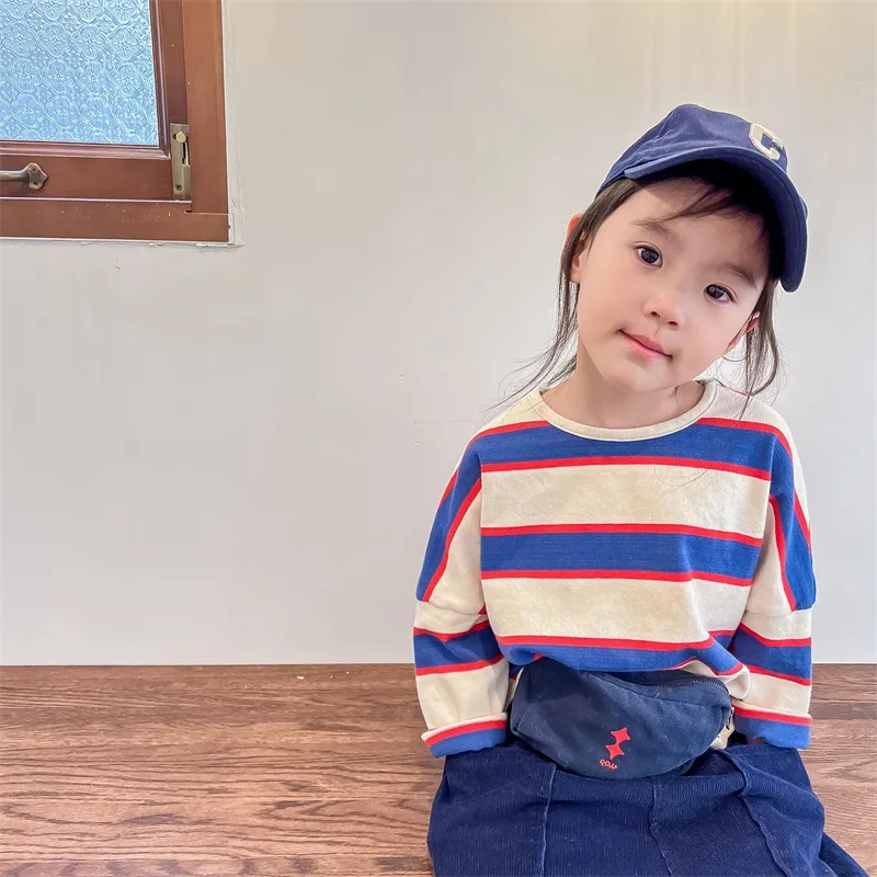 Children's Long Sleeve T-Shirts 2025 Spring Korean Baby Boys Girls Striped Bottoming Shirt 1-6Year Kids Casual Tops