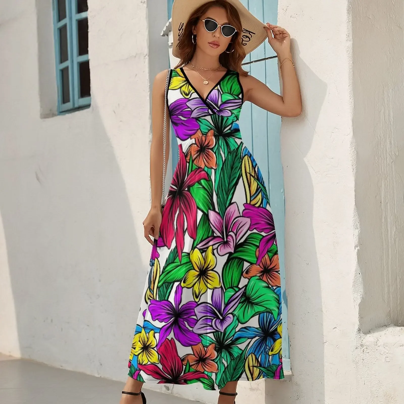 Vibrant Tropical Hibiscus Floral Pattern Sleeveless Dress Women dresses summer Elegant gown Dress