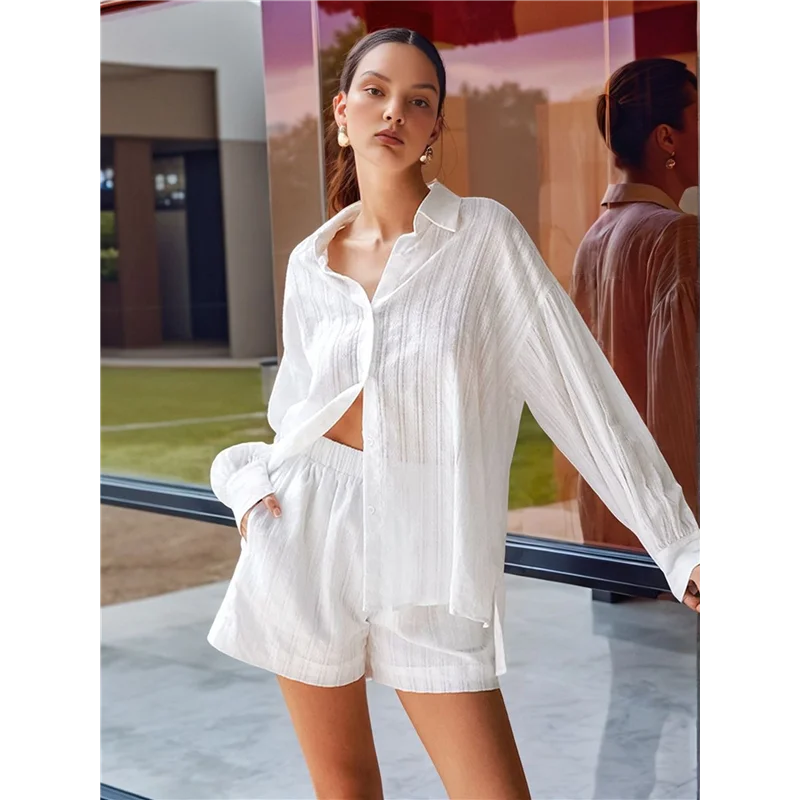 CYL-2 Piece Sets For Women Summer Oversized White Shirt And Shorts Sets For Women 2 Piece Outfits Vacation Sets