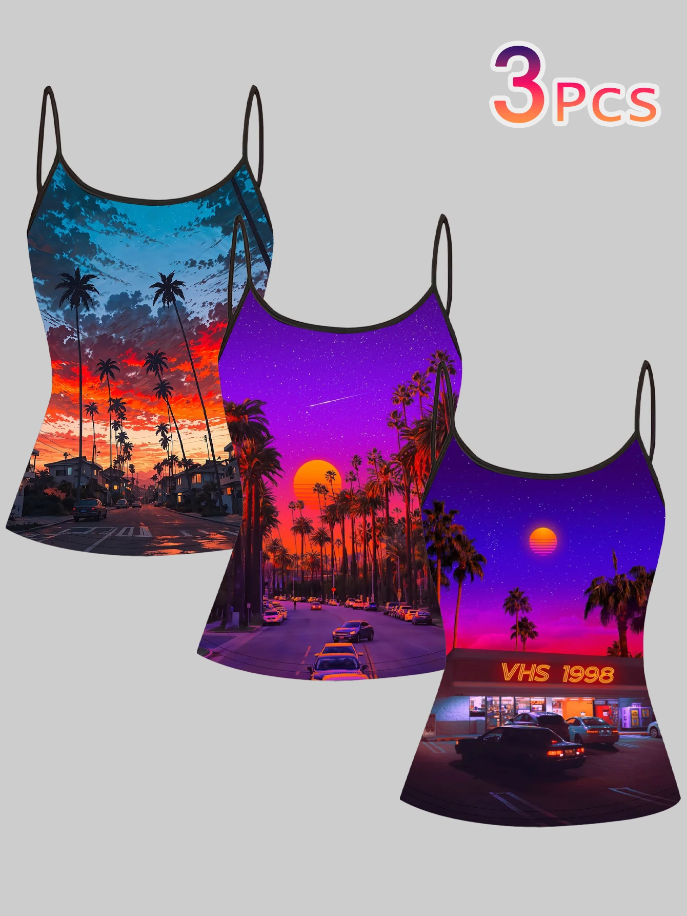 3-Piece Set of Vintage Cyber Coconut Tree Street Scene Print Camisole Tops for Women, American Vhs Sunset Y2K Style Slim Fit Sleeveless Inner Tops
