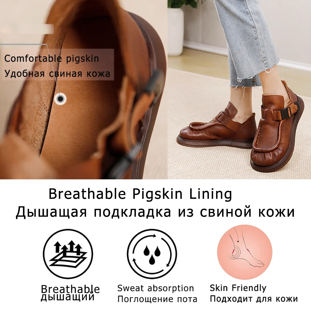 Okrągłe noski 3cm nowa etniczna kobieta wygodna jesienna klamra buty z prawdziwej skóry ergonomiczne miękkie Oxford na płaskim obcasie