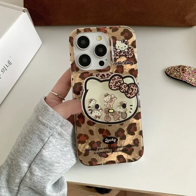 Sanrio Hello Kitty Leopard Print Magnetic Holder Magsafe Wireless Charge Phone Case For iPhone 16 15 14 13 Pro Max Hard Cover