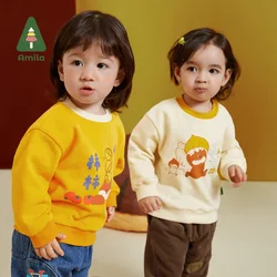 Amila Baby 2023 Autumn New Contrast Neckline Printing Warmth Yunrou Cotton Hoodie for Boy Girls Fashion Children Clothes