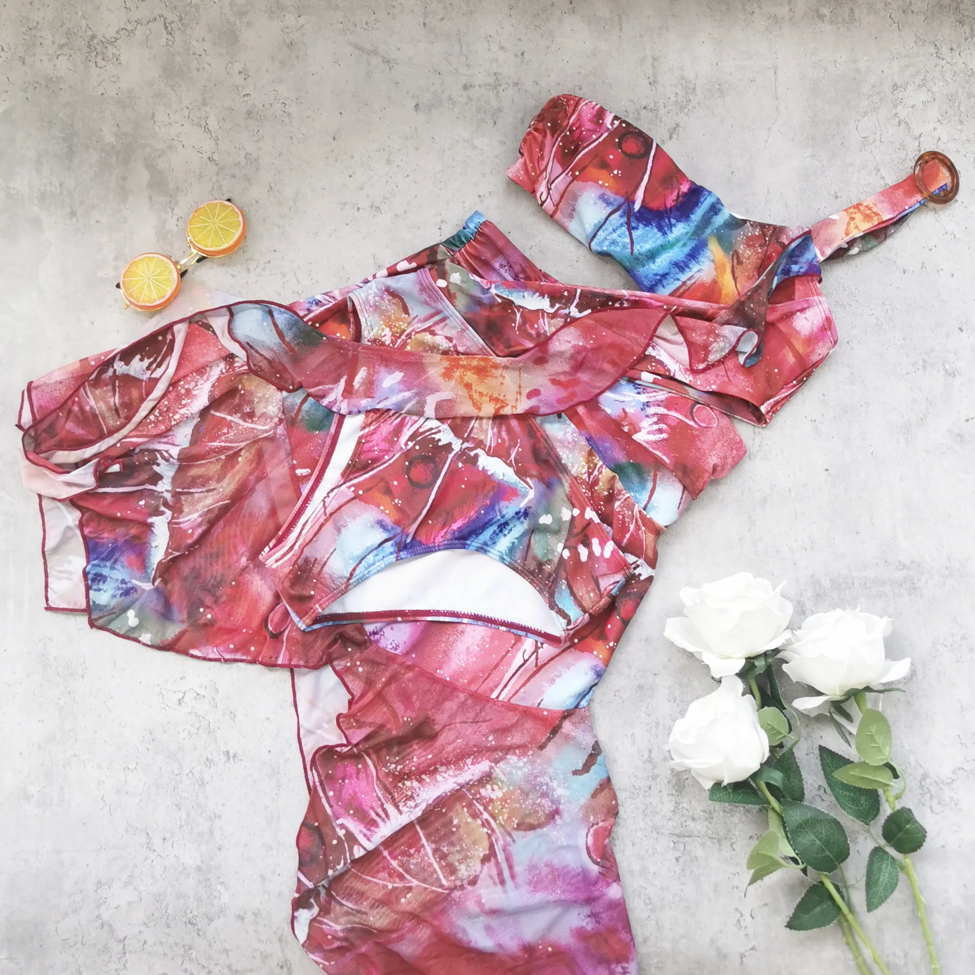 2025 novas estampas retrô de alta qualidade maiô de uma peça e saia impressão um ombro conjunto biquíni feminino roupa de banho