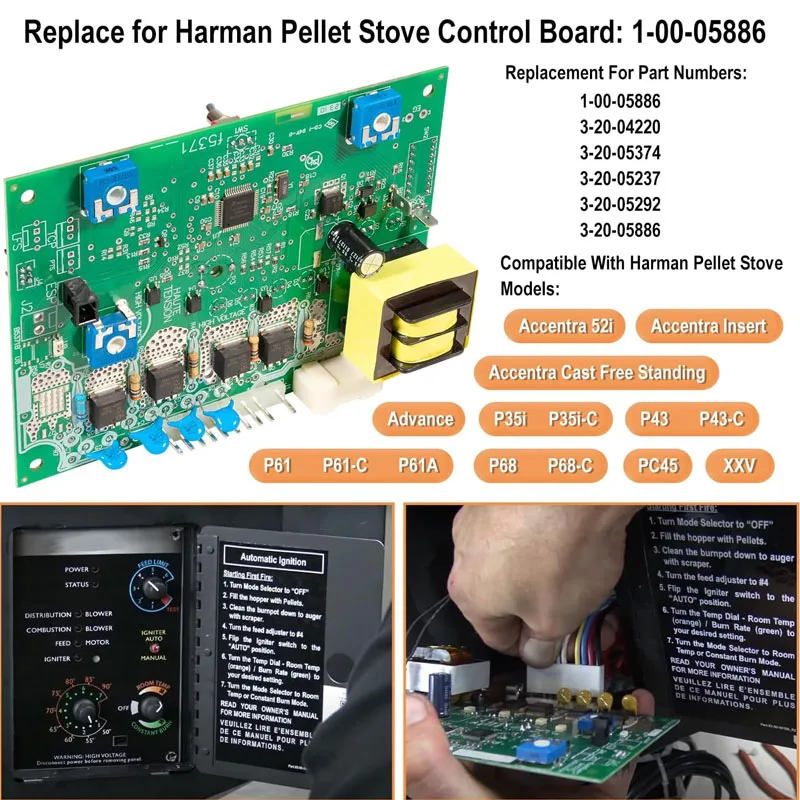 Placa de circuito de controle Fit para Harman, Pellet Stove, Accentra 52i, Acnoa-Cast, Accentra Insert, Avanço, Avanço 2, 1-00-05886