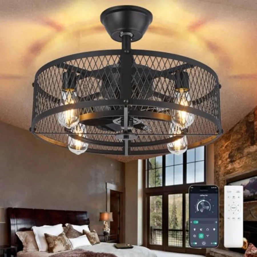 

Caged Ceiling Fan with Light: 20" Small Fandelier Ceiling Fan with Remote - Farmhouse Fandelier with Fan Light Fixture for Low