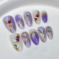 10pcs Handmade Fake Nails with Gem Crystal Shiny Purple Cat Eye Fake Nail Patches Wearable Full Cover Almond Press on Nails