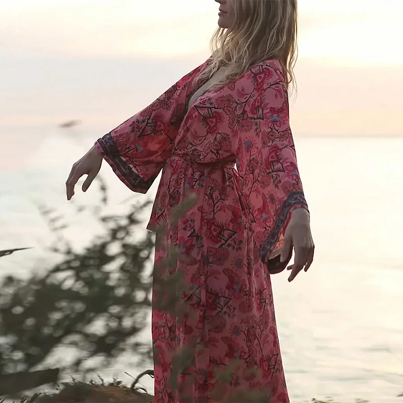 European and American Retro Loose Mid-Length Bohemian Style Printed Kimono Cardigan Summer Beach Vacation Plus Size Cover-Up Bikini Swimsuit Outerwear Tie-Up One-Piece Robe