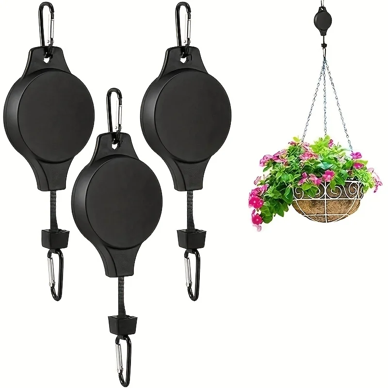 3pcs Pulley Retractable Hanger, Plant Hook, Pulley Adjustable Height Wheel For Hanging Plants, Heavy Duty Indoor Outdoor Plant