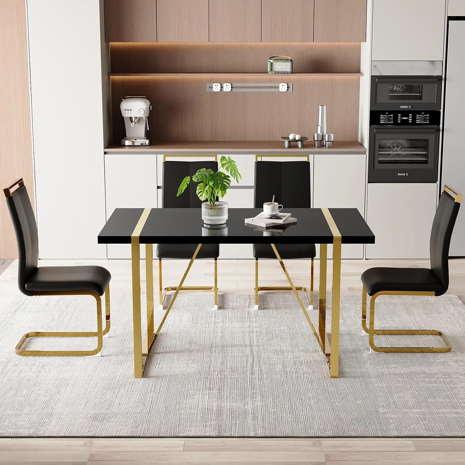 Black and Gold Dining Table Set for 4, 5-Piece Kitchen Table and Chairs, Customized