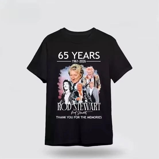 Rod Stewart Live In Concert 2026 T-Shirt 2026 New Unisex Cotton Fabric Tee Double Sided Singer Portrait Hit Songs List Tops