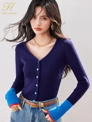 H Han Queen Female Clothing Chic Colorblocking Vintage Knitwear Simple Short Sleeve T-Shirt Autumn Tops Korean Chic Casual Tees