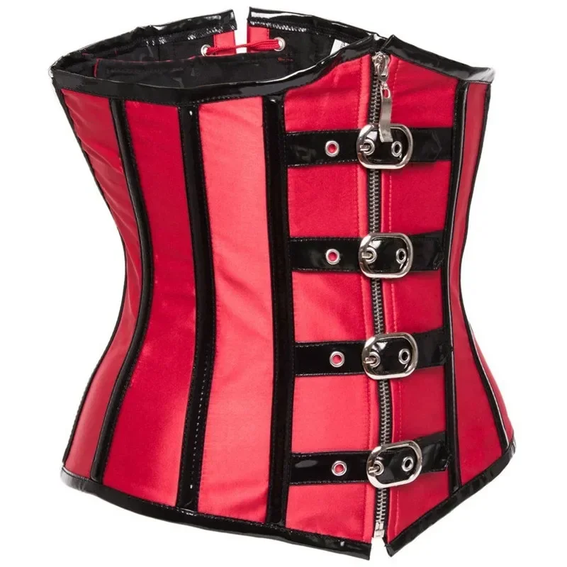 Gothic Steampunk Underbust Corset Top Black Red Spiral Steel Boned Waist Trainer Bustier with Zip Buckles Sliming Corselet