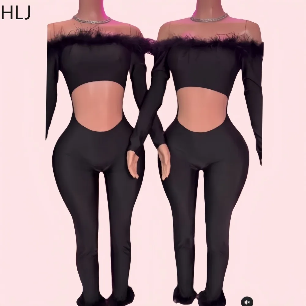 HLJ Y2K Sexy Fur Patchwork Bodycon Jumpsuits Woman Off Showlder Hollow Out Long Sleeve Rompers Female Party Streetwear Overalls