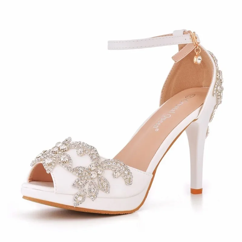 New Sexy Pumps Sandal Women Wedding Rhinestone Buckle Strap PU 10CM Thin Heels Korean Style Sexy Party Women Shoes White