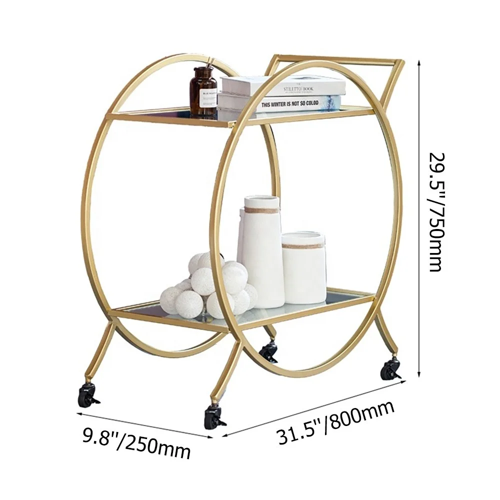 Modern Yet Relaxed Style Tempered Glass Top Two Tier Gold Metal Frame Utility Cart with Enough Storage Space and Wheels