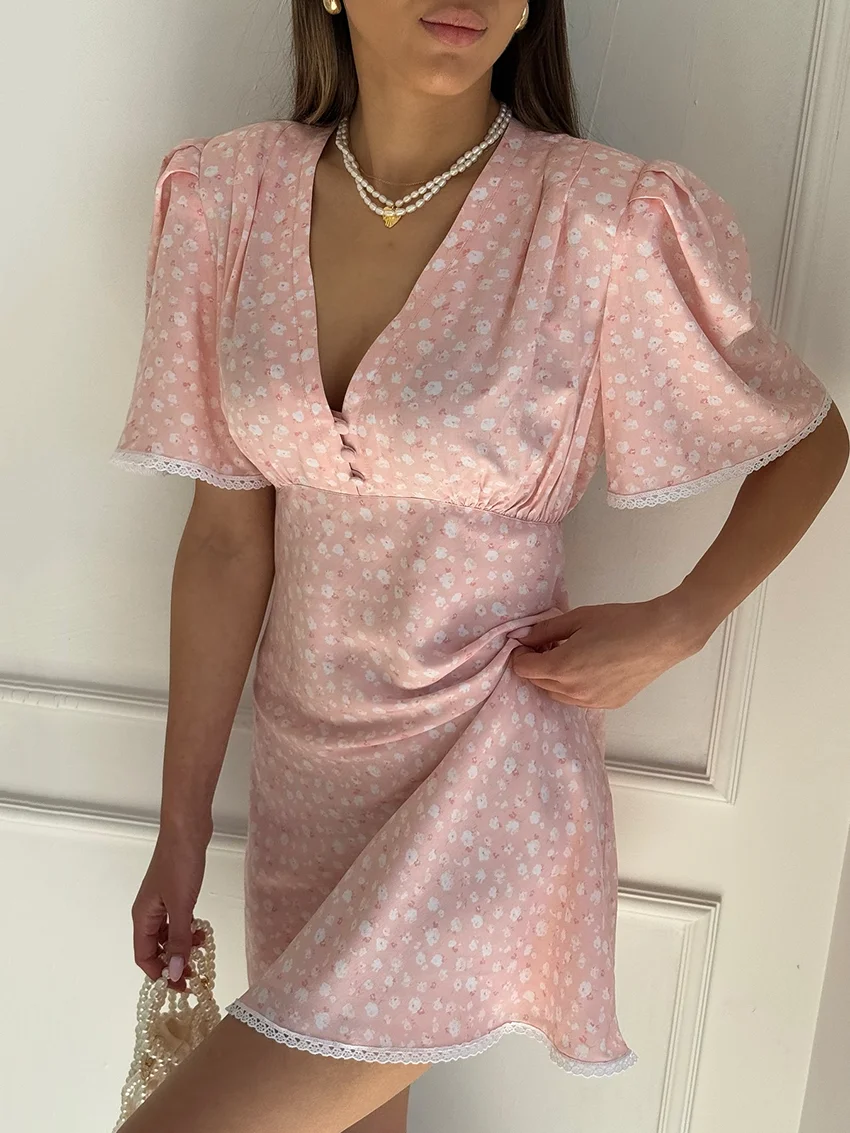 Marthqiqi Printing Lace Women Nightgowns Sexy V-Neck Nightwear Short Sleeve Sleepwear Mini Dress Casual Pink Home Clothes Ladies