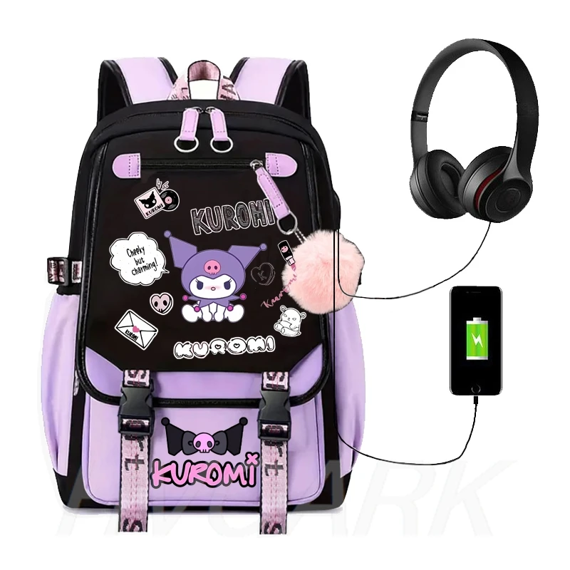 Lovely Purple Kuromi Backpacks USB Cartoon Purple Printed Boys Girls School Bag Students Bookbag Teens Women Mochila Escolar